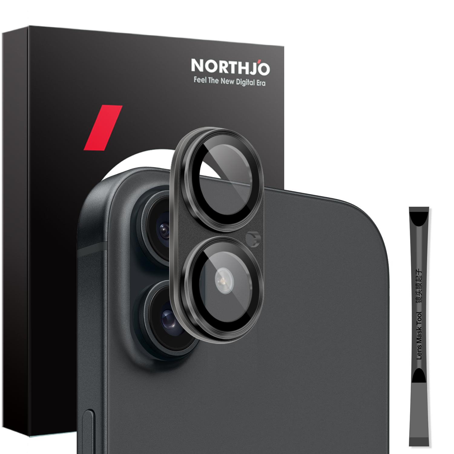 

NORTHJO For iPhone 16/16 Plus Matte Camera Lens Protector Integrated Metal+Tempered Glass Lens Film Black