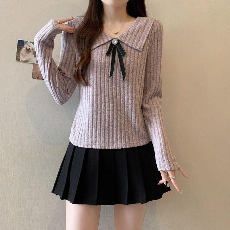 Tie Sweet Doll Collar Bow Tie Sweater, Spring, Autumn and Winter Skinny Cover Up Meat with Long Sleeve Tops, Knitted Inner Ladies Tops
