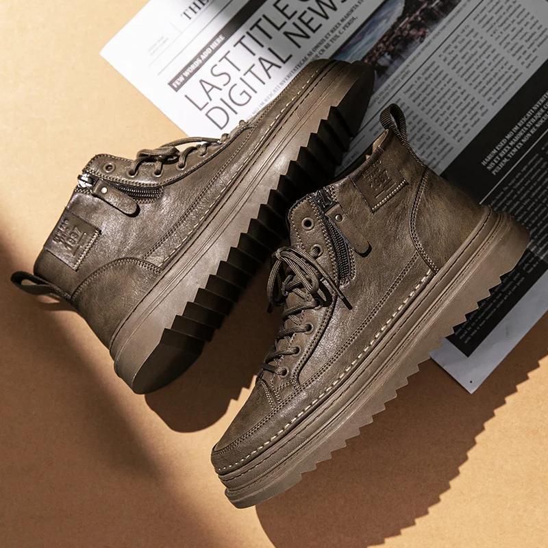 Fashion New Men's High-top Leather Casual Shoes Black Thick-soled Business Shoes for Men Classic Trendy All-match Zipper Mens Sneakers