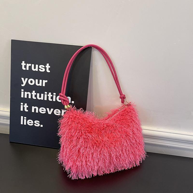 Chic Vintage Plush Handbag For Women Stylish Simple Shoulder Bag In Black White Pink