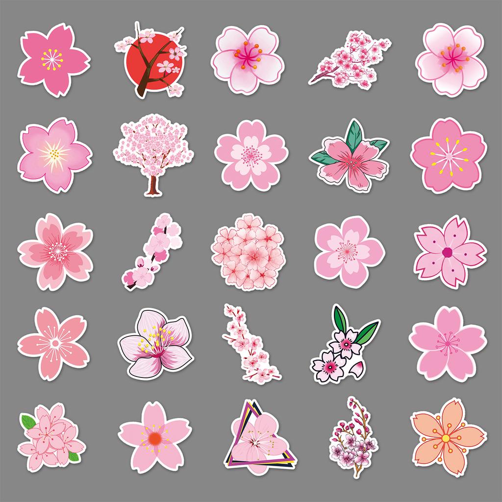 50 Cherry Blossom Doodle Cartoon Fresh Flowers Guka Hand Account Decoration DIY Skateboard Mobile Suitcase Stickers