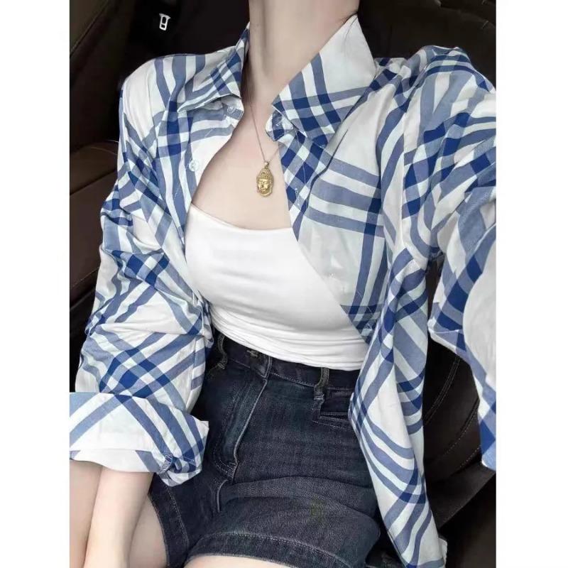 Korean Style Temperament Color Matching Blue and White Plaid Shirt for Women Spring and Autumn Loose and Versatile S