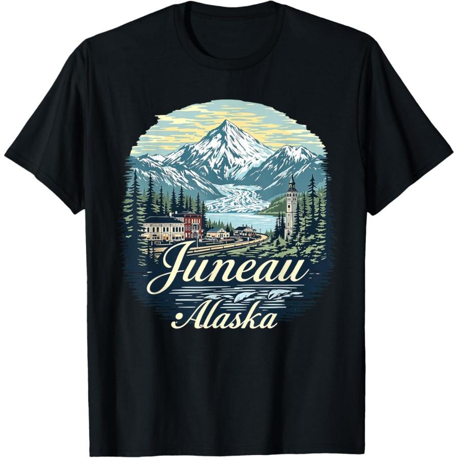 Vintage Juneau Alaska Sunset Skyline Mountains Cityscape T-Shirt S