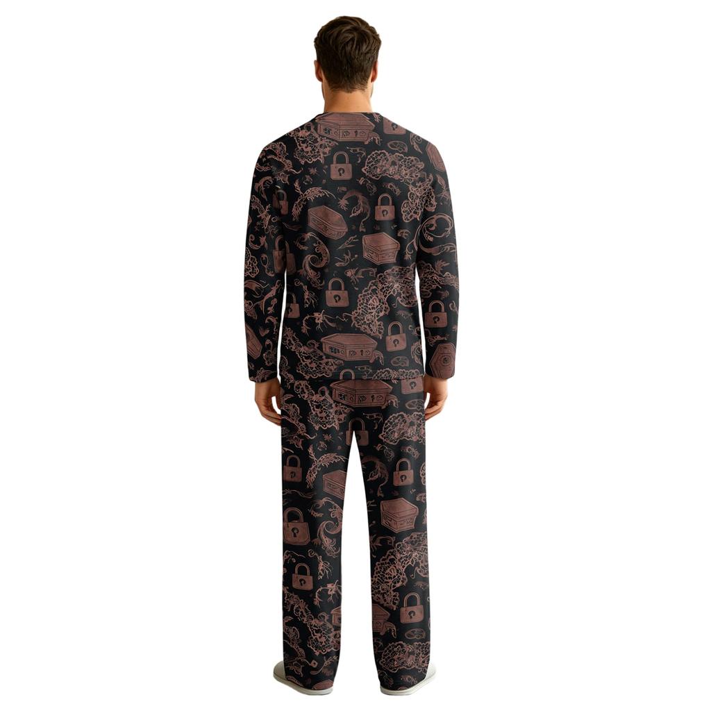 Men's Halloween Pajama Set Long Sleeve Long Pants with Crotch Buttons and Elastic Drawstring Waist