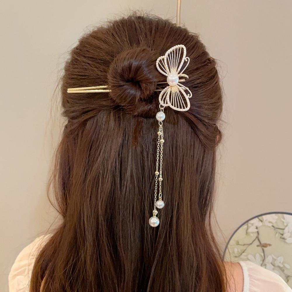 1pc Fashion Classic Chinese Butterfly Pearl Tassel Hair Stick for Women Handmade Metal Hairpin Charm Jewelry Accessories