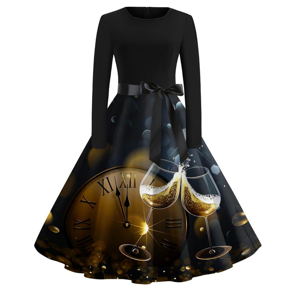 Women's Casual Fashion Round Neck Long Sleeve New Year Printed Retro Dress