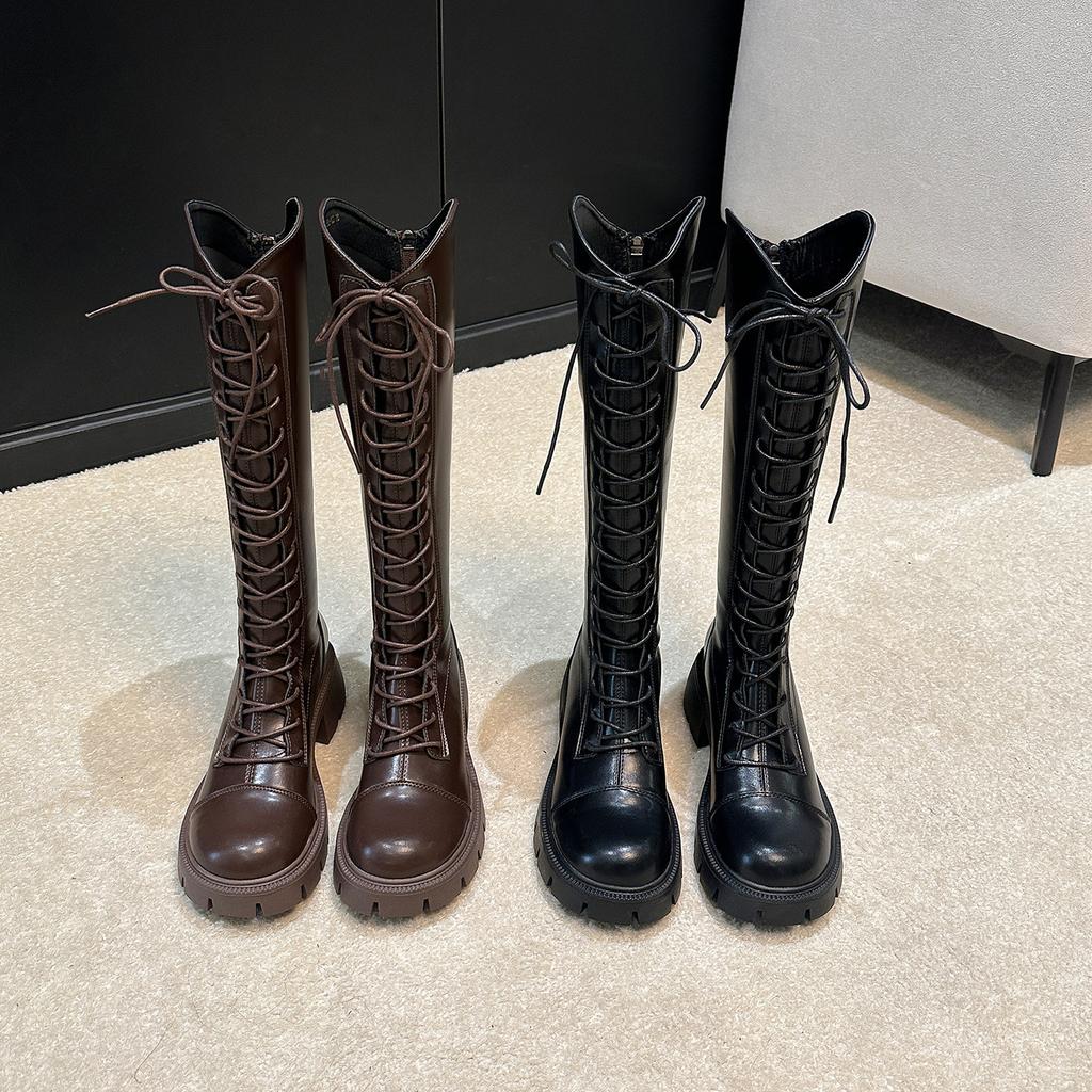 Cowhide~ Leather Boots Women's 2025 New Autumn and Winter Lace-up Skinny Boots Thick-soled Knight Boots Long Boots High Boots