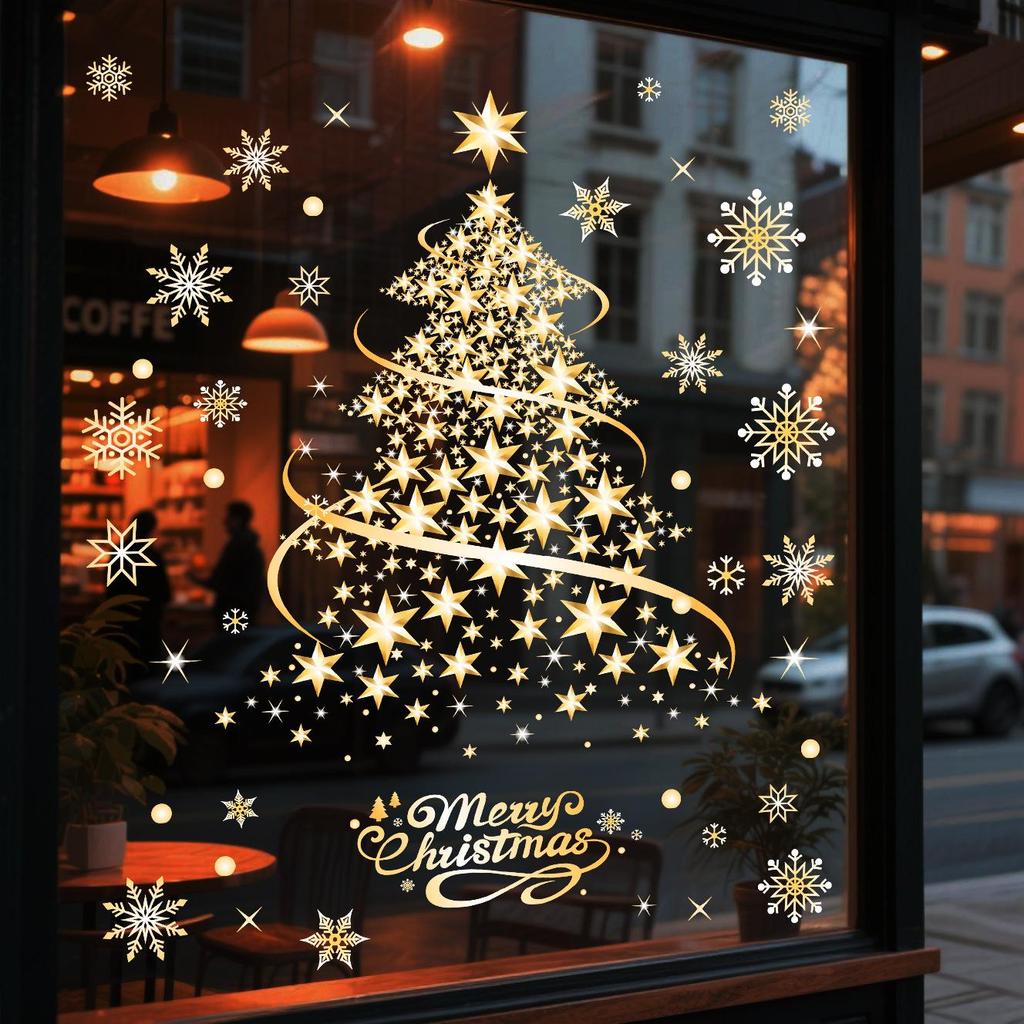 Goldener Weihnachtsbaum Fensteraufkleber - Wiederverwendbare statische Haftfolie für Glas, Wände & Türen