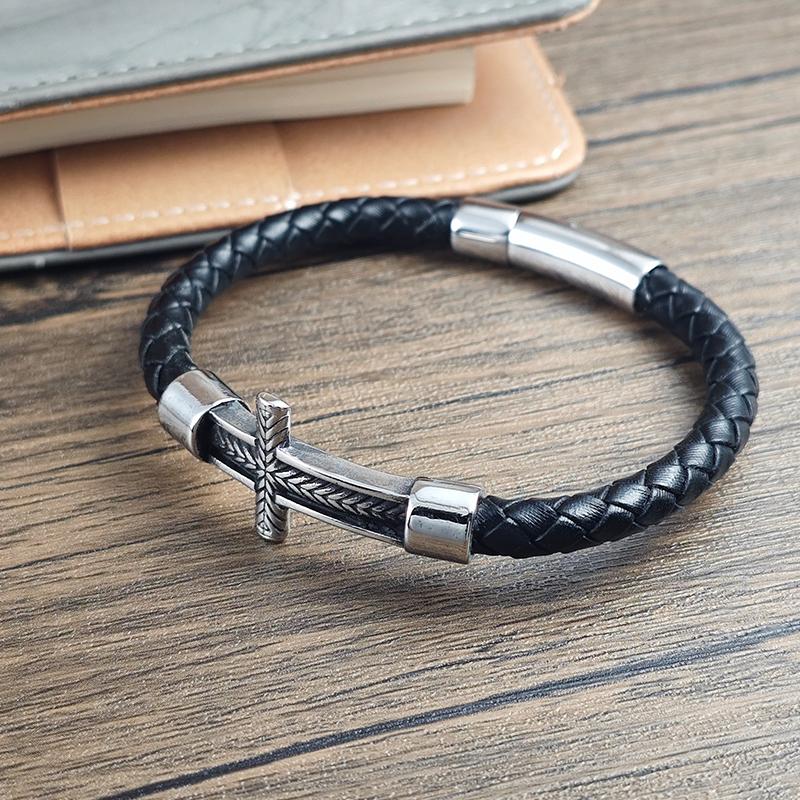Simple Leather Bracelet Cross Popular Carved with Wheat Ear Pattern Men's Bracelet for Men Stainless Steel Clasp Jewelry Gift