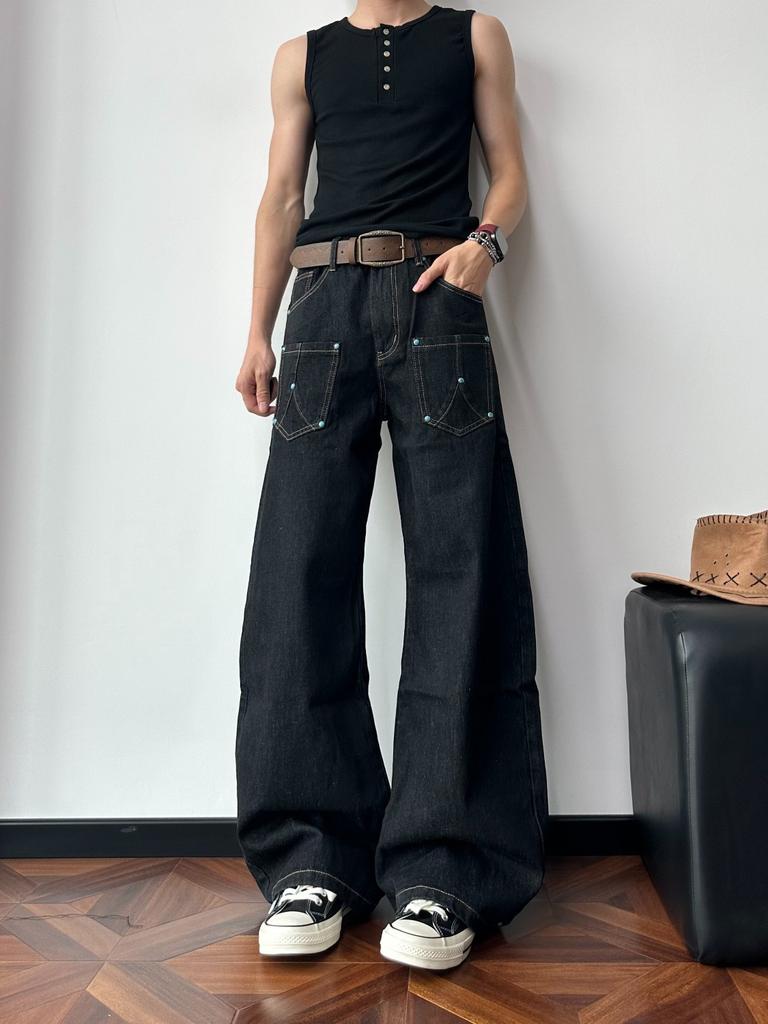 American Retro Bump Nail Primary Color Scimitar Jeans Men's Spring and Autumn High Street Loose Deconstruction Wide Leg Pants