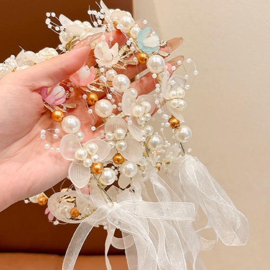Fairy Girl Headband Bright Color Imitation Pearls Flower Decor Princess Hair Hoop Party Crown Hair