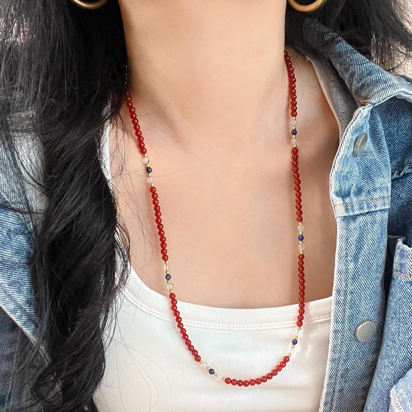 

4Mm New Year S Red Autumn And Winter Natural Ice And Water-Permeable Chalcedony White Crystal Lapis Lazuli Necklace Sweater Chain