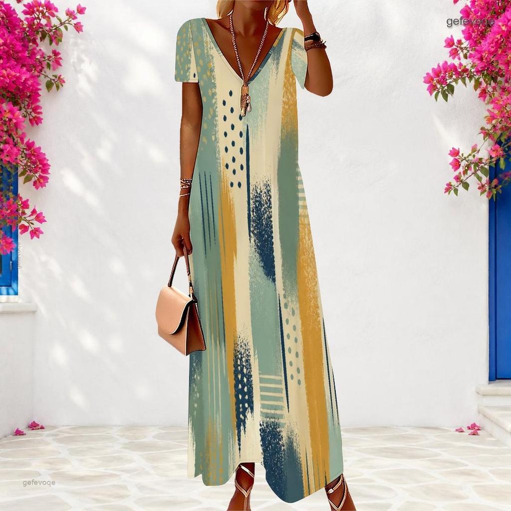 Women Plus Size V Neck Short Sleeve Printed Navy Blue Maxi Dress