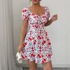 European and American Women's Clothing New Square Collar Printed Bubble Sleeve Dress
