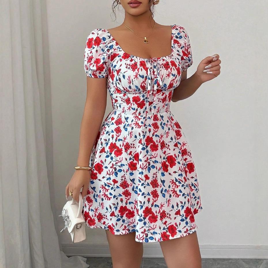 European and American Women's Clothing New Square Collar Printed Bubble Sleeve Dress