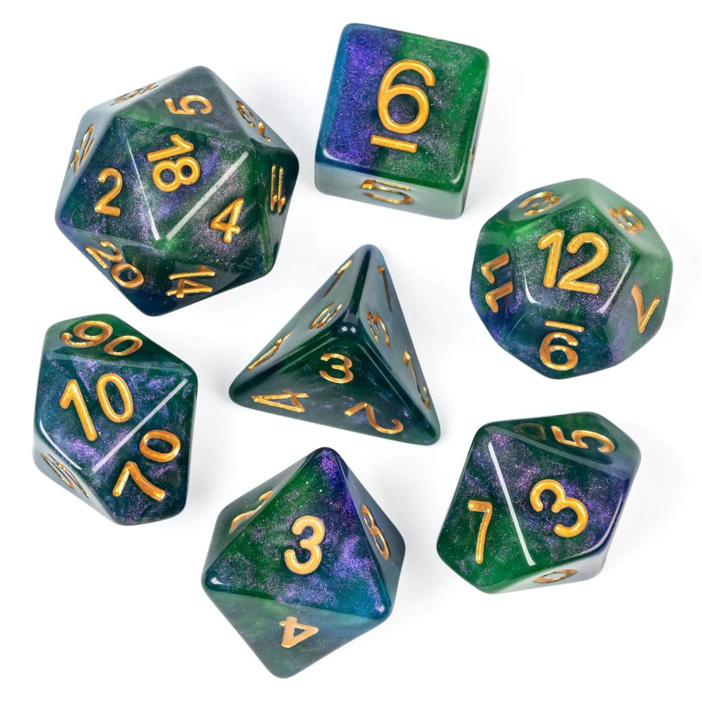 Cusdie Sparkle Galaxy Dice DND Resin D&D Dices D4 D6 D8 D10 D% D12 D20 7 Polyhedral Dice Set for Role Playing Table Games TRPG
