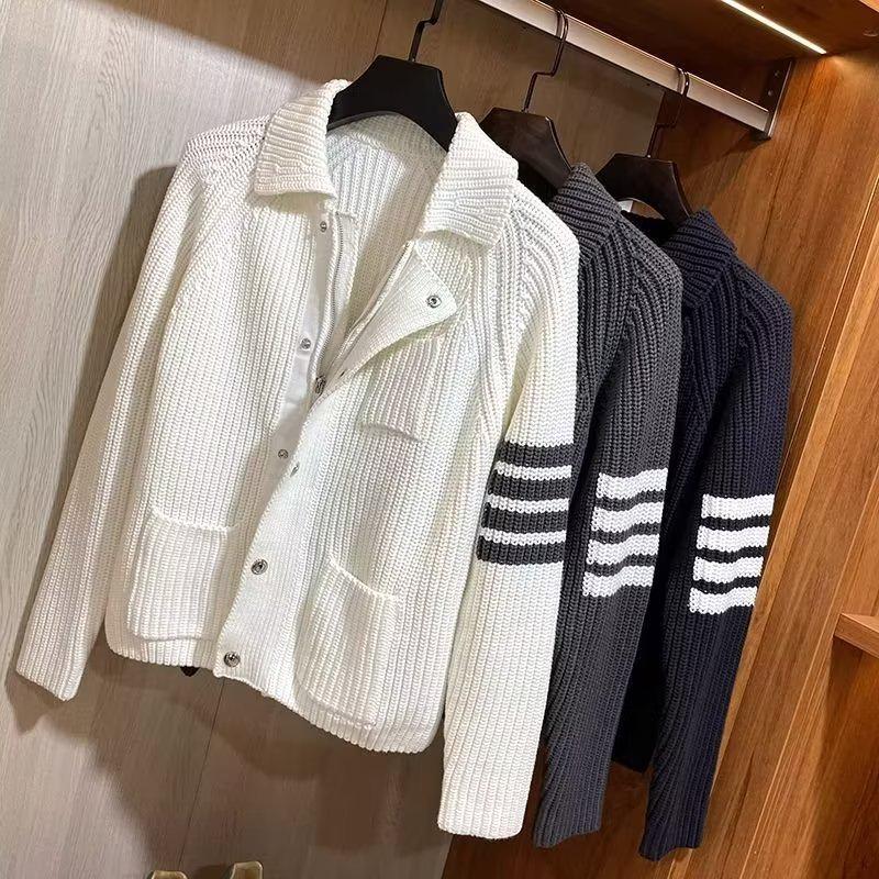 Unisex Korean-Style Cotton Knit Cardigan with Metal Zipper and Four Stripes
