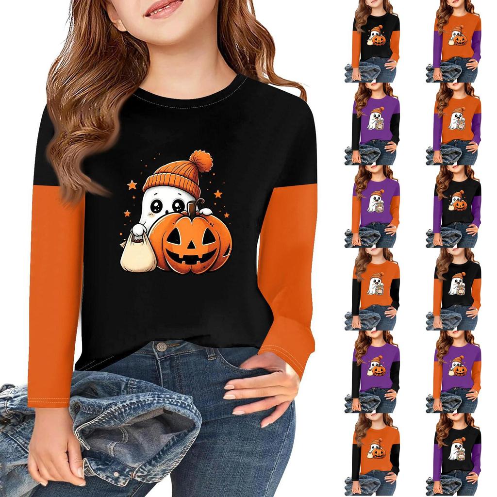 Kids Halloween Print Long Sleeve Neck T-Shirt Casual Top for Boys Girls