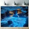 2D Flat - Extra Large Blue Cave Landscape Tapestry in 2D Flat Design - a Vibrant Underwater Scene Featuring Luminous Lights, Mad