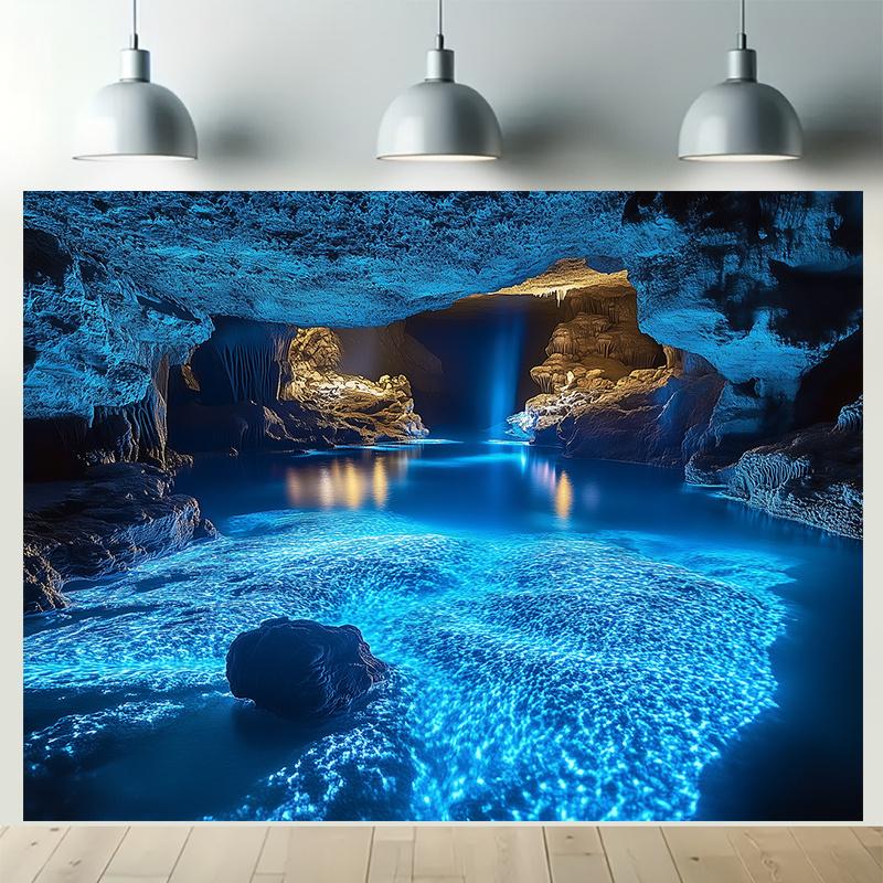 2D Flat - Extra Large Blue Cave Landscape Tapestry in 2D Flat Design - a Vibrant Underwater Scene Featuring Luminous Lights, Mad