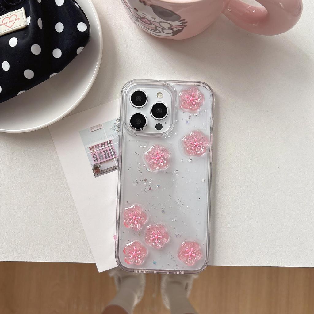 3D Rosa Kirschblüten Epoxid Handyhülle für iPhone 17 Pro Max/15 Pro Max/12