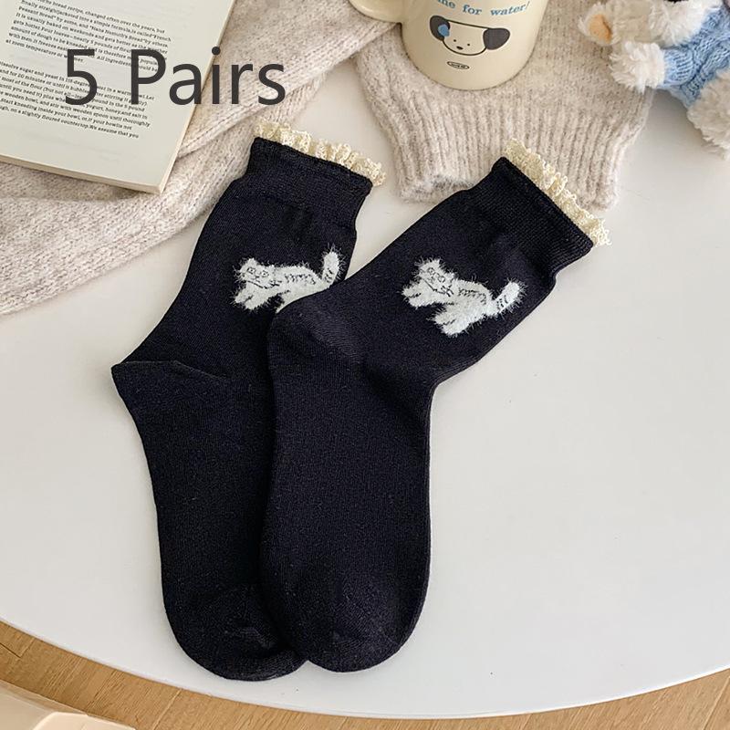 

5 пар женских симпатичных мультяшных контрастных цветных кружевных носков в трубке 5 Pairs чёрный