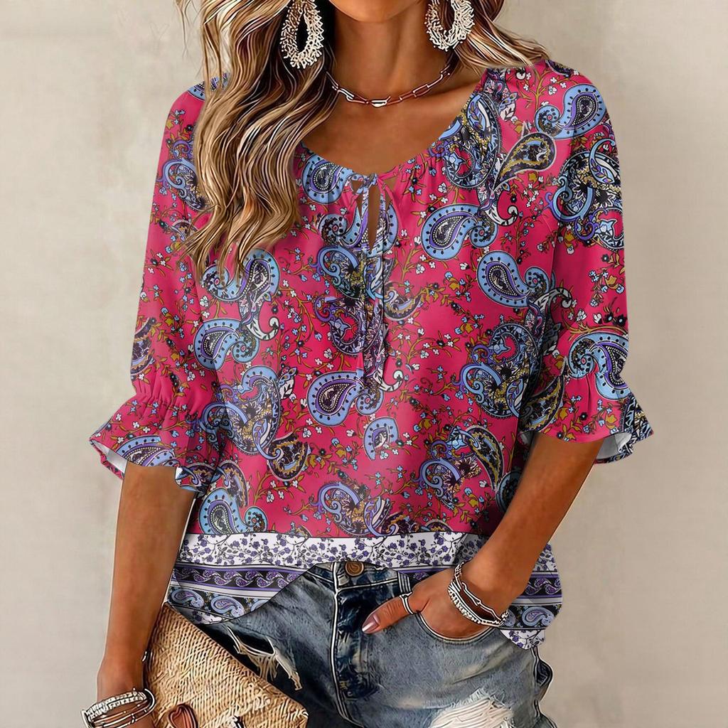 Damen Vintage Blumenmuster Bluse mit Bindekragen und Rüschen-Dreiviertelärmeln