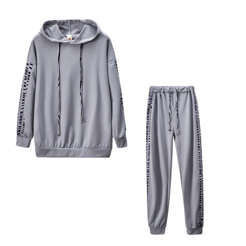 

Autumn 2026 Women s Fashion Solid Color Striped Sweatshirt Two-Piece Casual Sportswear X-Large серый