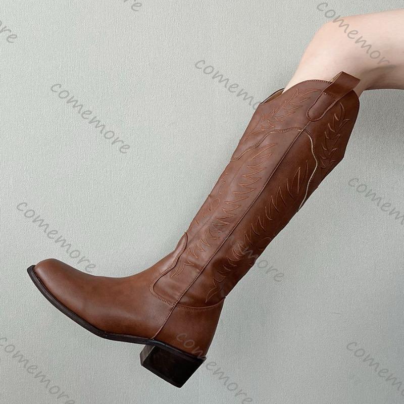 Comemore Women Western Boots Women Autumn Chunky Middle Heels Knee High Cowboy Boot Woman Side Zip Square Toe Brown Long Botas