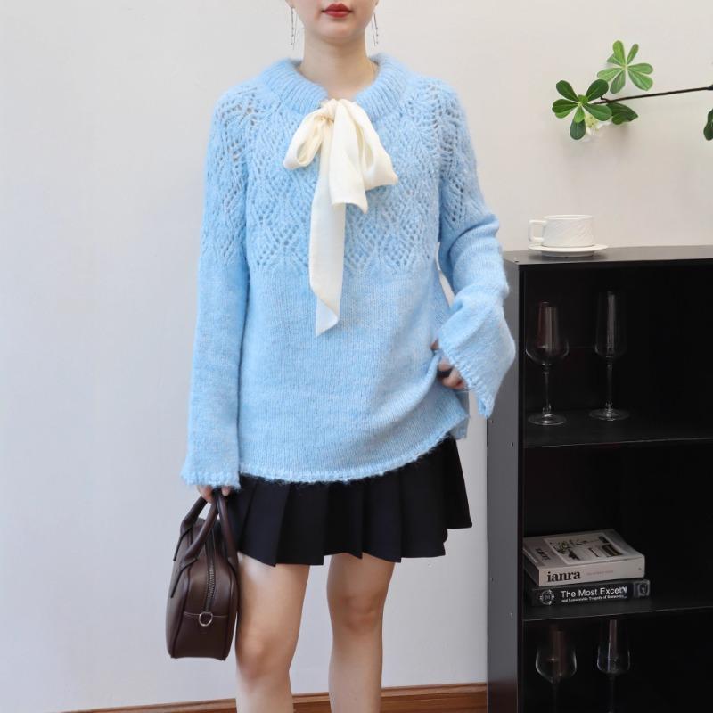 Hollow design lace-up bow sweater pullover autumn and winter new temperament gentle knitted sweater top women