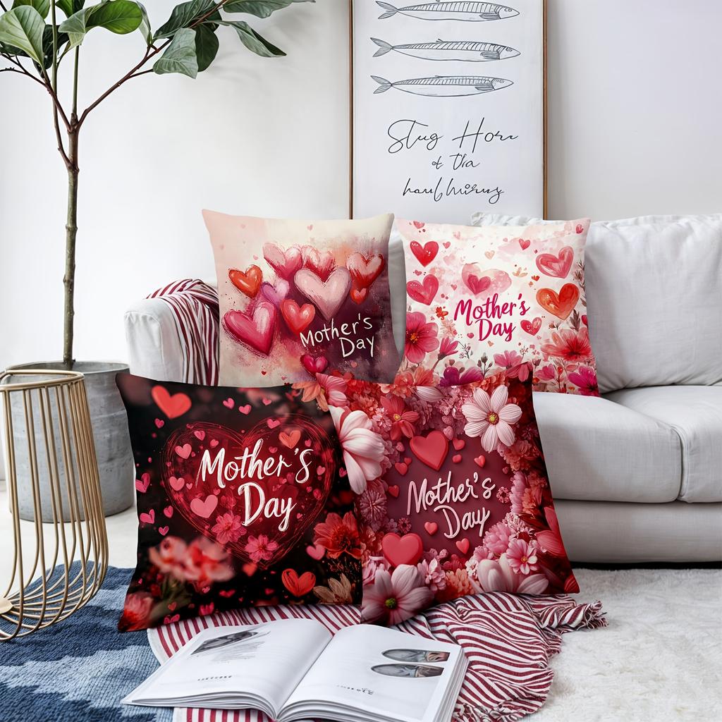4pcs Happy Mother's Day Decorative Pillowcase Set, 18x18 Inch Floral Cushion Covers for Sweet Home Decor, Gift for Mom, for Porch Patio Sofa