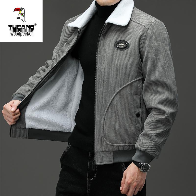 Woodpecker Men s Warm Corduroy Lambswool Jacket - Winter Casual Business Lapel Outerwear 2XL 150-165 lbs