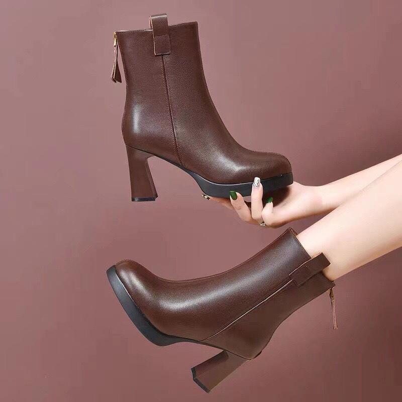 

2025 New Women s Autumn Winter Genuine Leather High Heel Ankle Boots with Plus Velvet Platform Size 38
