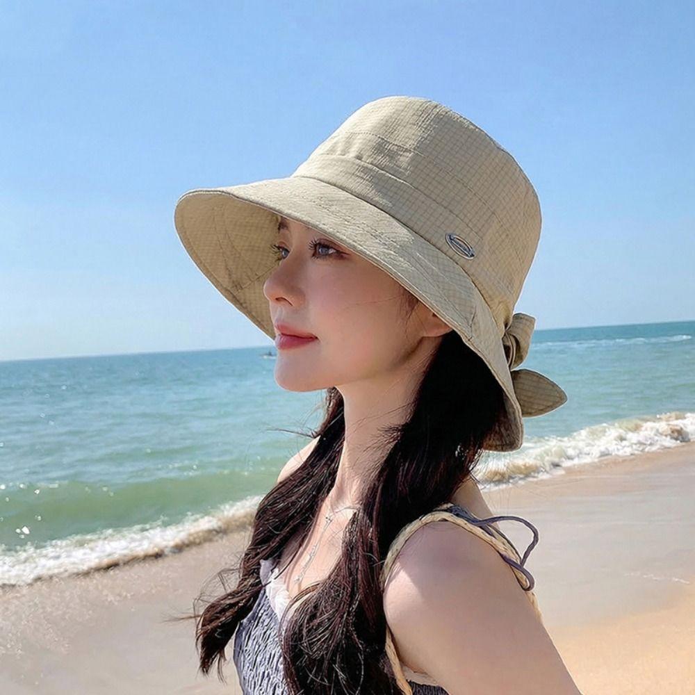 Wide Brim Bow Bucket Hat Solid Color Sunshade Hat Casual Summer Sun Hat Girl