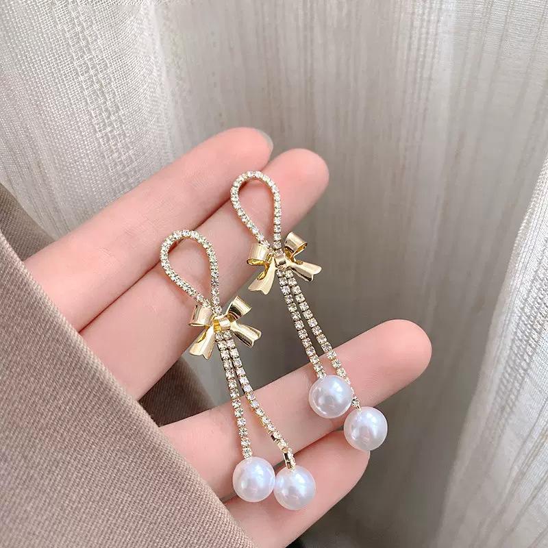 2024 New Bow Design: Silver & Pearl Tassel Stud Earrings for Women