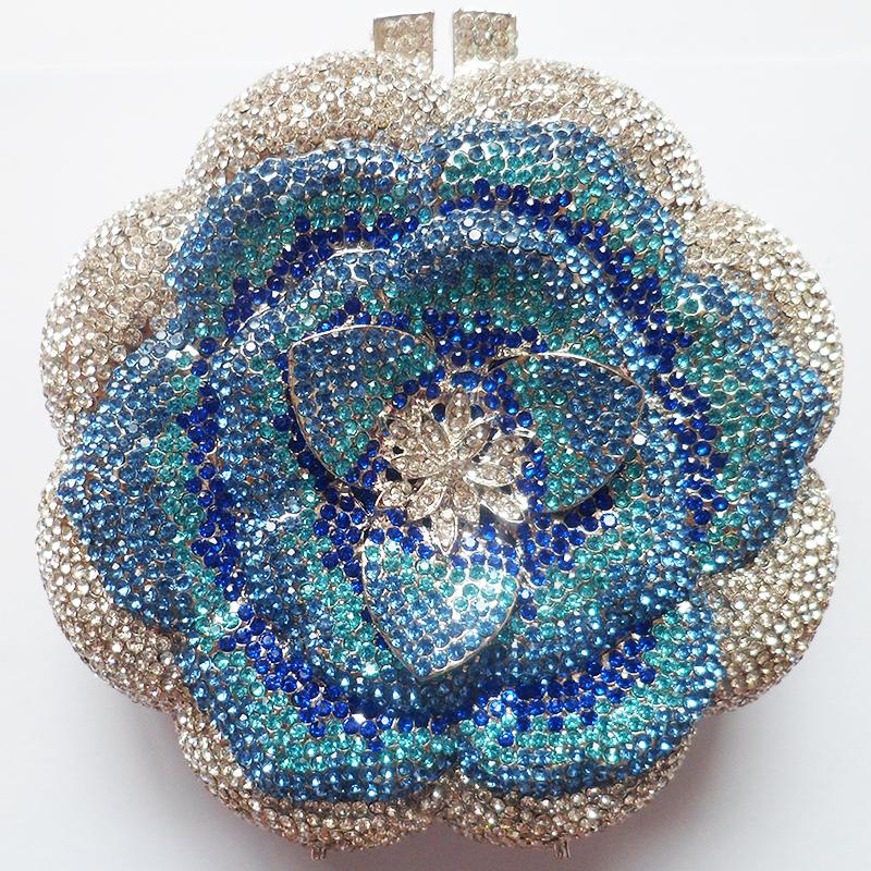 Blue Flower Diamond Multicolored Foral Evening Clutches Purse Luxury Crystal Women Metal Wedding Prom Handbags Rhinestone Bag