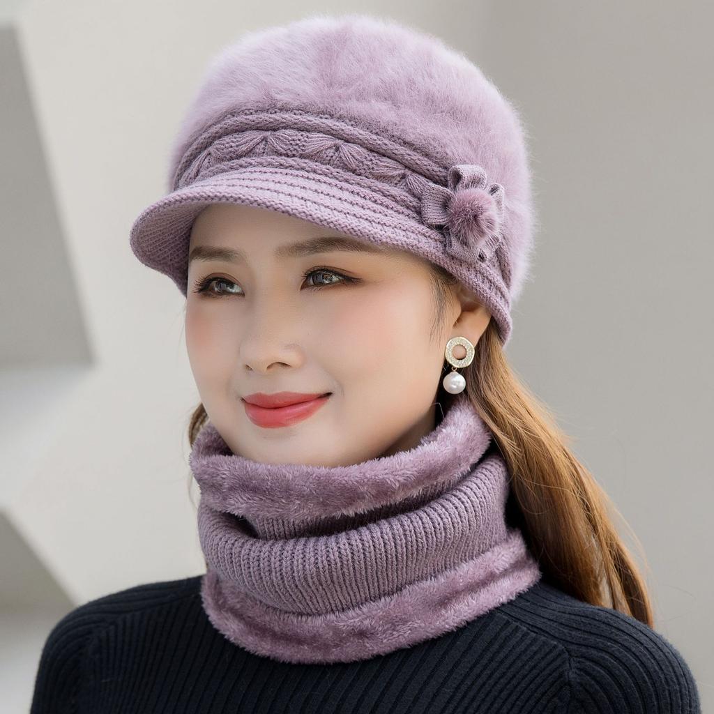 New Women Winter Hat Keep Warm Cap Add Fur Lined Hat & Scarf Warm Set Fashion Hat For Women Casual Faux Fur Flower Knitted Hat