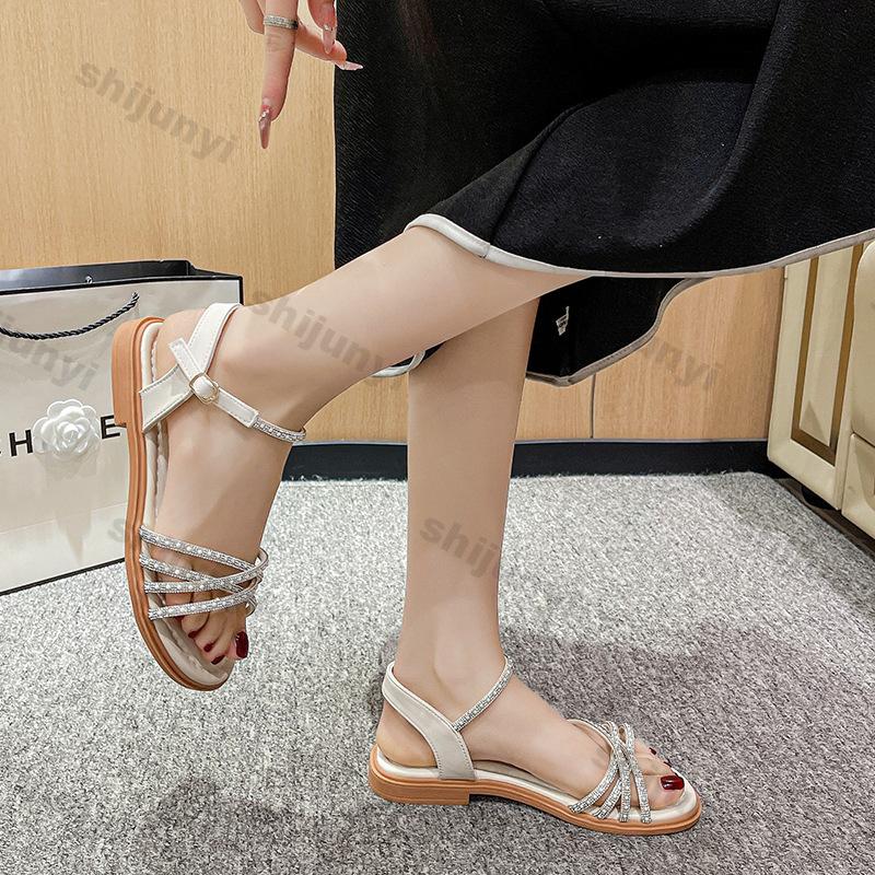 Modne Damskie Buty 2025 Nowe Letnie Modne Płaskie Sandały z Cyrkoniami Lekkie Zapinane na Klamrę Sandały Rzymskie Outdoor Miękka Podeszwa Buty na Plażę