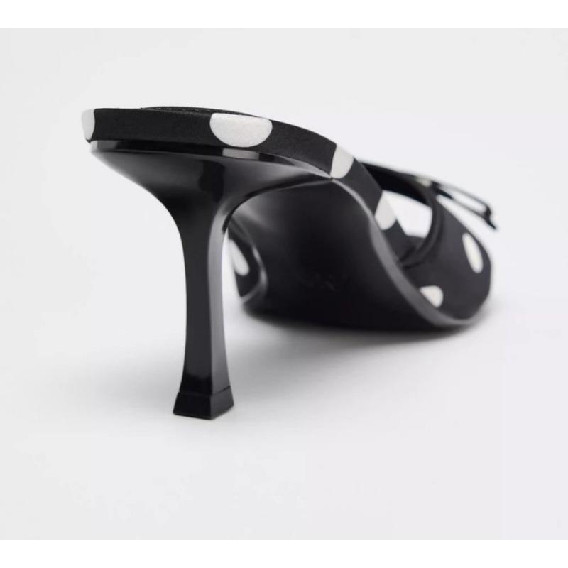 Fashion 2025Retro Black Spotted Silk High Heel Slippers for Women Outer Wear Fashion Summer bowkont Sandals Comfort Open Toed Lady Shoes