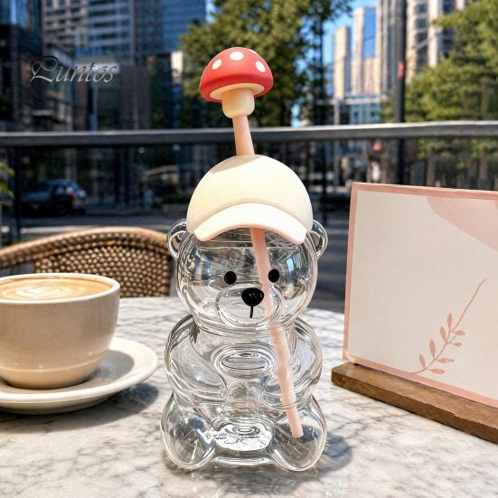 Set di Testa di Paglia Cartoon Orsetto Carino Tazza di Vetro con Coperchio, Bottiglia d'Acqua in Plastica/Vetro da 500/591ml per Grandi Capacità Bevande Fredde/Calde, Motivo Caffè