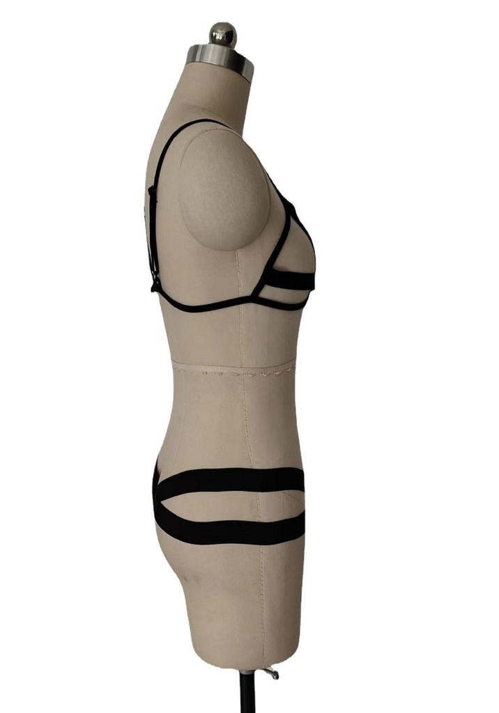 Hollow-Out European & American Style Lingerie: Sexy Strappy Three-Piece See-Through Temptation Set