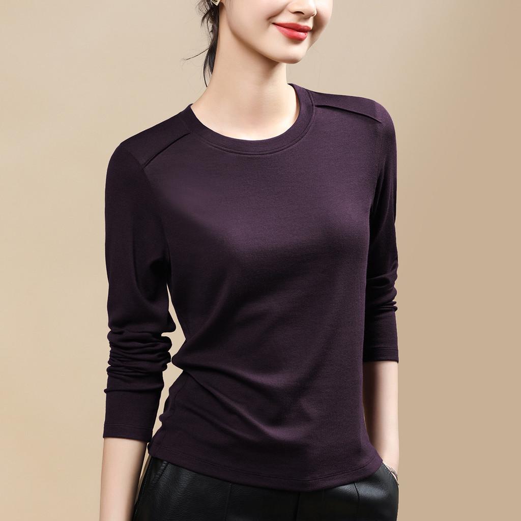 Laseer Tencel Wool Long Sleeve Womens Slim Fit Top With Round Neck For Casual Wear