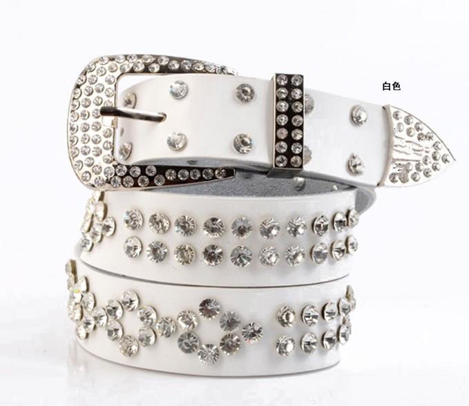 Wide Leather Belt With Metal Pin Closure Rhinestone Decor For Elegant Womens