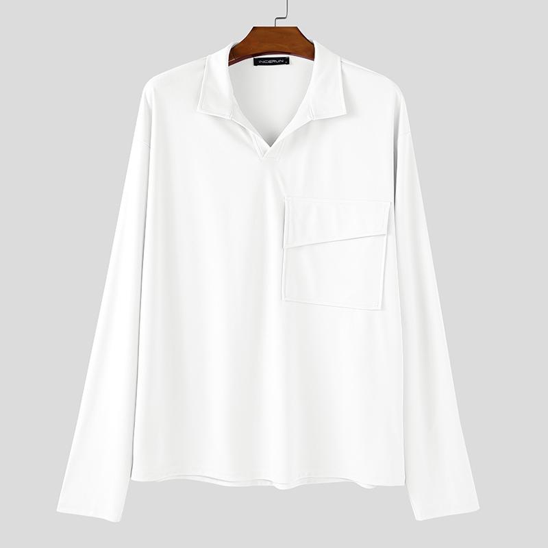 INCERUN Oversized Men Lapel Neck Long Sleeve Solid Loose Casual T-Shirts Tops