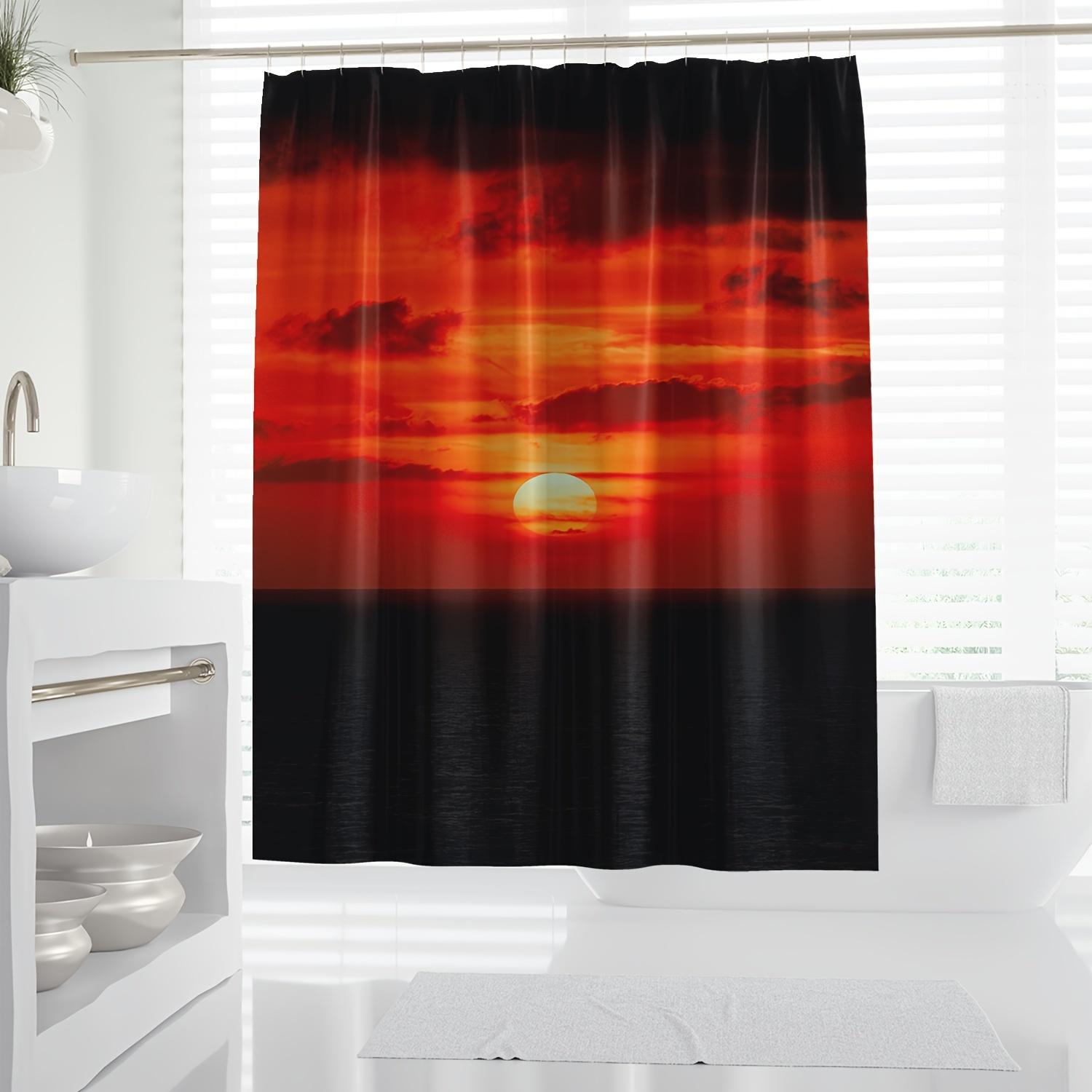 1pc Sunset Beach Scene Polyester Bath Curtain - Vibrant Orange & Red Sky with Ocean View, Machine Washable, All-Season Use 90x180cm35x71in
