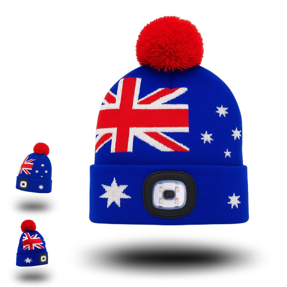Australia Flag LED Light Beanie with Pom Pom Factory Supply Custom Logo Knit Hat for Winter Outdoor OEM ODM LED Beanie Australia