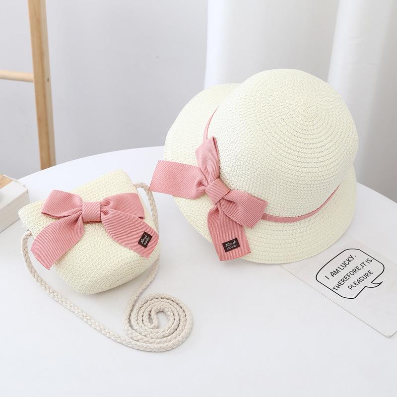 Sommer Baby Mädchen Strohhut und Umhängetasche 2er Set Eltern-Kind Breiter Rand Spitze Urlaubsstrand Sonnenhüte Outdoor Eimerhut