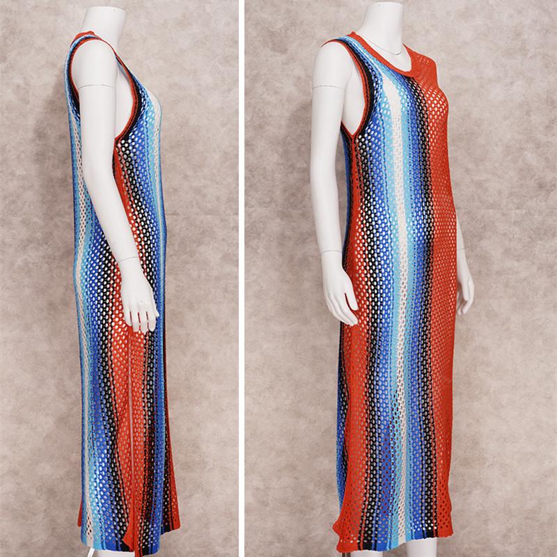 New Vintage Colorful Knit Bikini Cover Up Sexy Knit Cutout Side Slit Tank Top Long Dress Women Beach Swimwear Cover Up Q1403