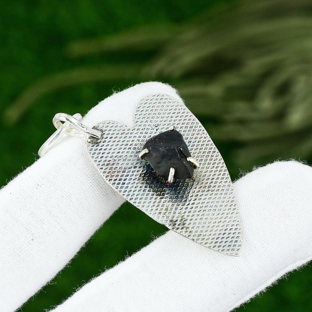 Sterling Silver Pentagon Natural Black Kyanite Rough Trendy Sister Boho Pendant