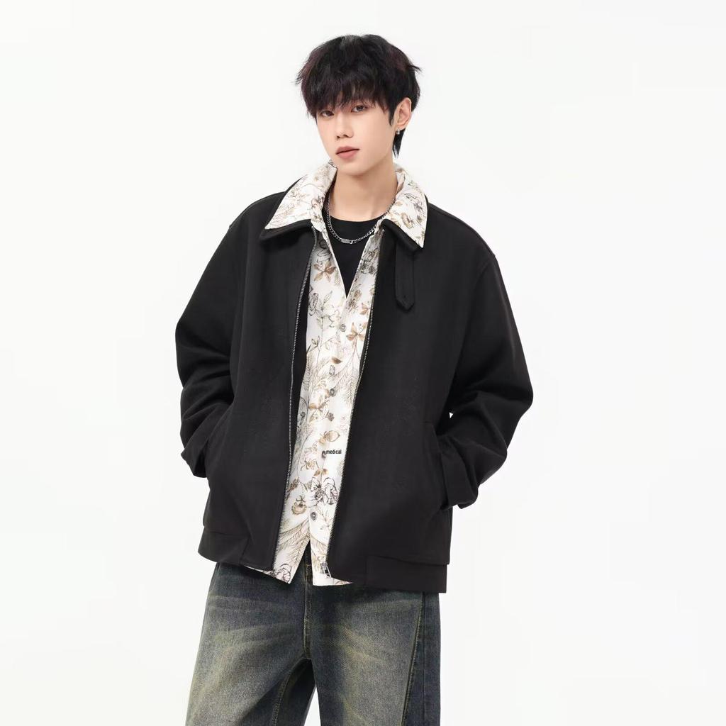 Unisex Retro Wolljacke mit Revers und Reißverschluss - Falsches Zweiteiler-Design für Herbst/Winter Freizeitkleidung